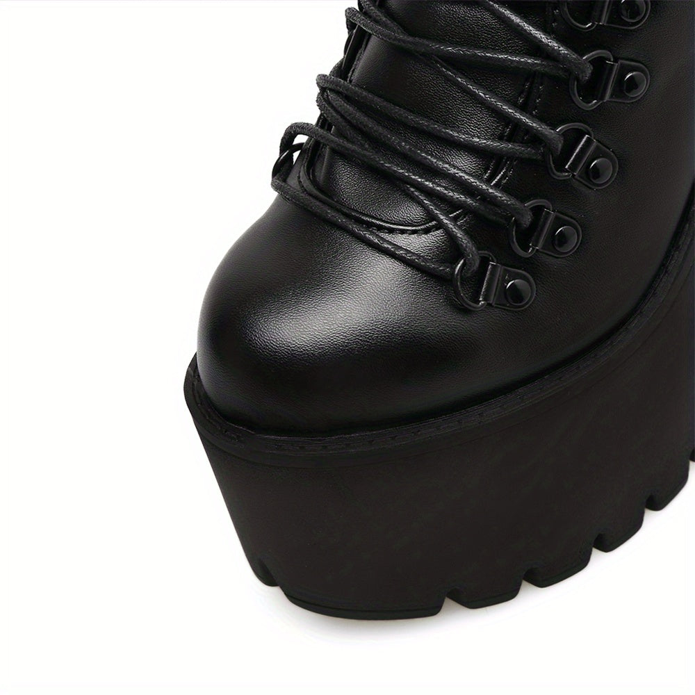 Women's Platform Chunky High Heel Ankle Boots, Black Buckle Strap Lace Up Side Zipper Motorcycle Boots, Punk Style Shoes