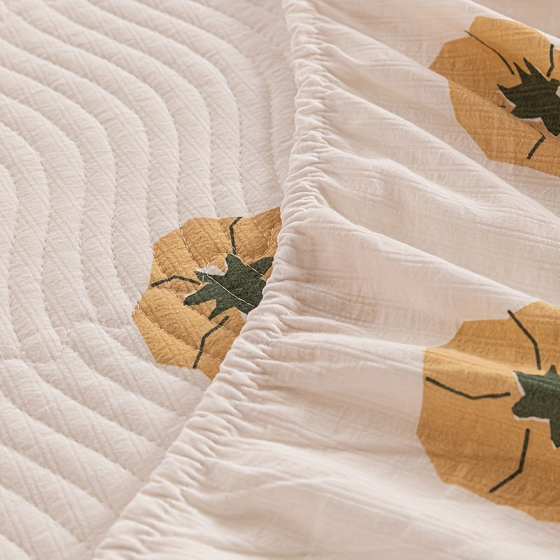 Breathable Quilted Bed Sheet Set with Ruffles - Cartoon Pumpkin Print, Polyester, Machine Washable, Includes Fitted Sheet, 4 Pillowcases with Frills & Smooth Texture, All-Season Comfort - Fits Mattress up to 12 Inches