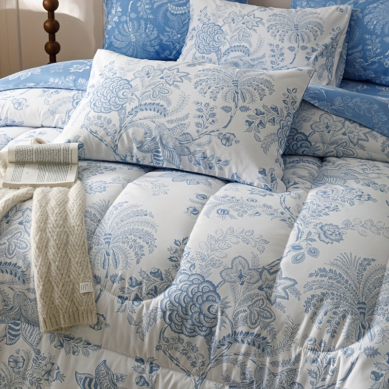 7pcs Blue Flower Plant Design Two-sidedlarge Sizeextra Large Quilt Set (1 Quilt +1 Bed Cap +1 Bed Sheet +4 Pillowcase Without Pillow Core), Contains Padding 180gsm Quilting Soft Ventilate The Four Seasons Apply Bedroom Dormit