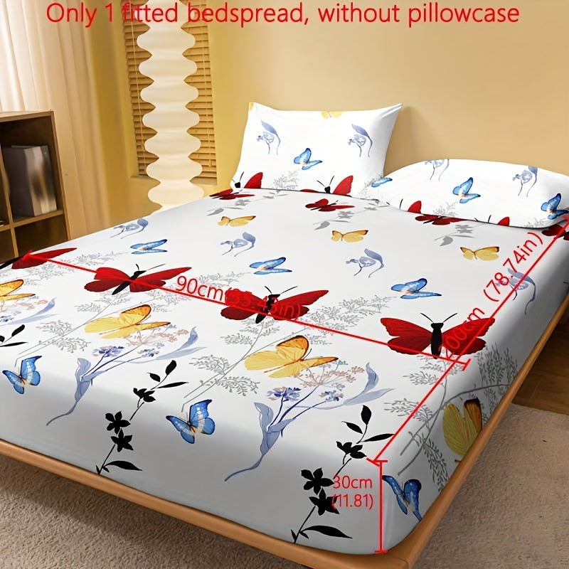 1pc Brushed Fitted Sheet, Soft Comfortable Butterfly Floral Print Bedding Fitted Sheet, For Bedroom, Guest Room, With Deep Pocket, Fitted Bed Sheet Only, Without Pillowcase