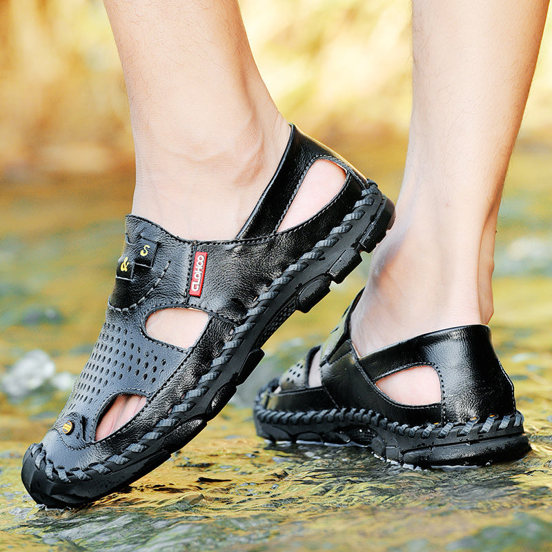 CLOHOO Mens Round Toe Sandals - Durable Handmade Stitching, Non-Slip Rubber Sole, Comfortable PU Insole, Breathable Fabric Lining, Second Layer Cowhide Upper, Slip-On Closure, Perfect for Indoor, Outdoor, Beach, Vacation, Spr