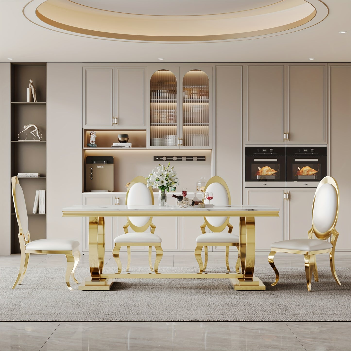 7-piece Luxury Dining Table And Chair Set, 70-inch Faux Marble Table With 6 Leather Chairs | Modern Dining Table Set For Kitchen, Restaurant And Hotel