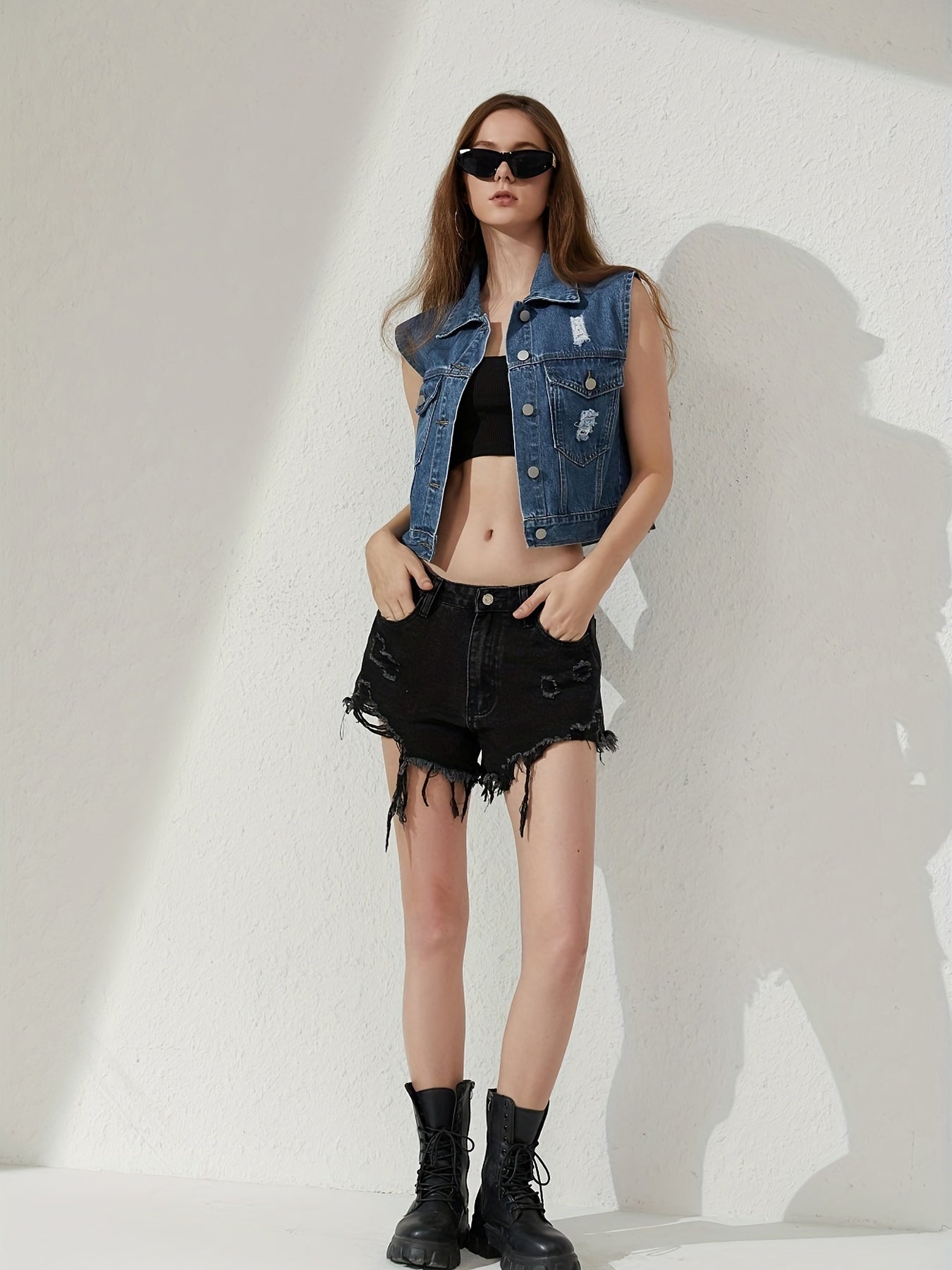 Women's Sleeveless White Denim Jacket with Ripped Flap Chest Pocket - Street Style Vest Coat