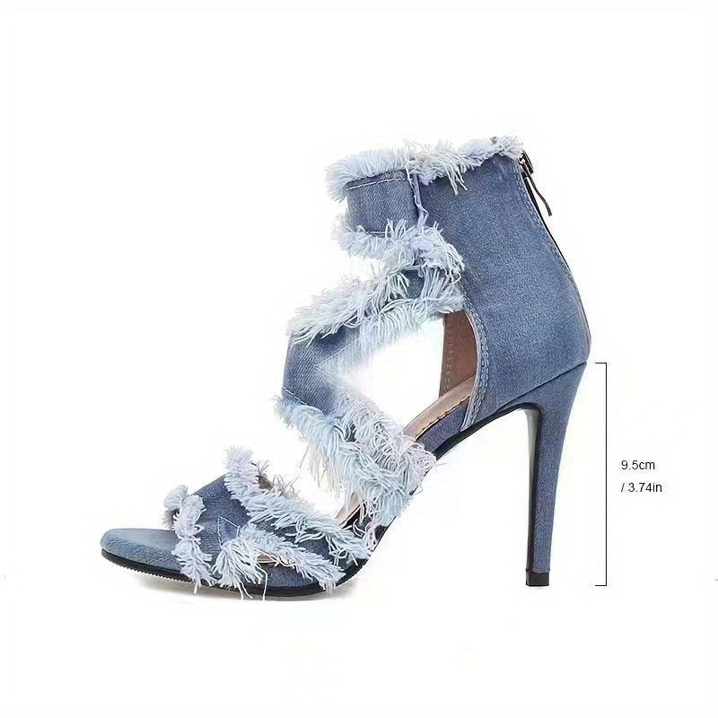 Women's Denim Cut-out High Heels, Peep Toe Back Zipper Stiletto Heels, Fashion Party Sandals