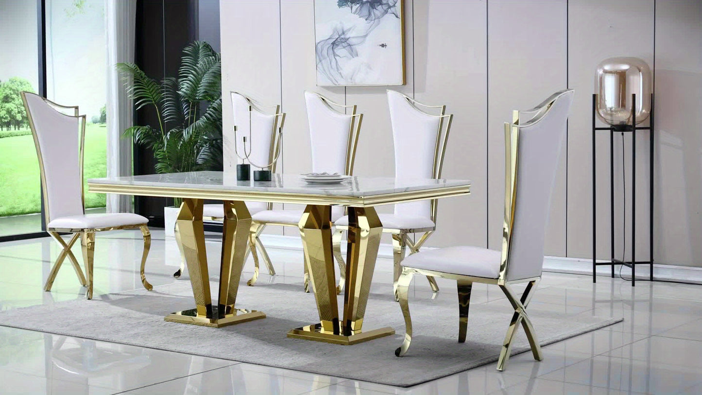 7-piece Table And Chair Set, Mid-century Modern Dining Table Set, Suitable For 6-8 People, Including A 70-inch Faux Marble Dining Table And 6 Leather Dining Chairs. Suitable For Restaurants, Kitchens, Hotel Restaurants.