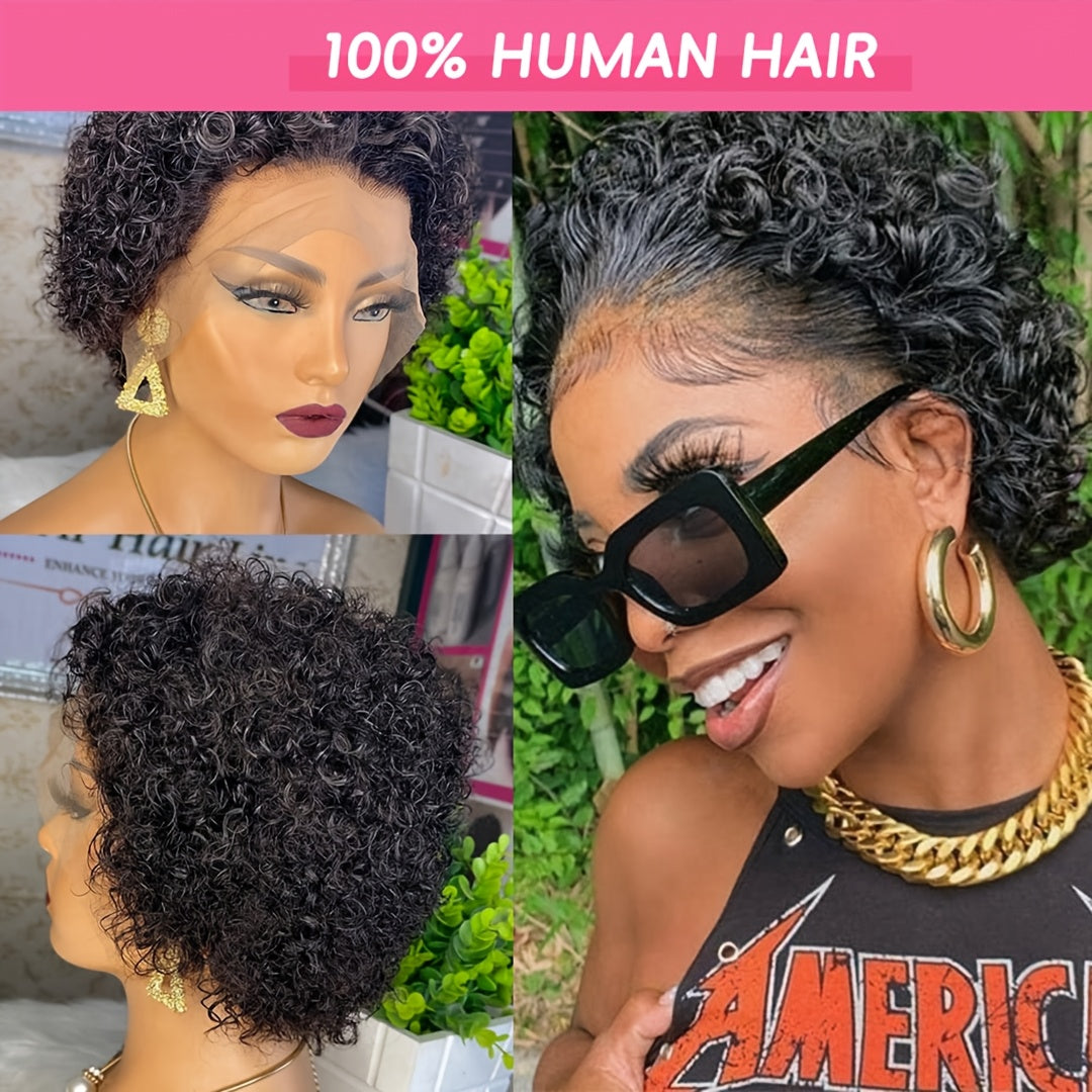 13x1 Lace 130% Density Pre Plucked Short Curly Human Hair Wigs Pixie Cut Bob Glueless Wigs Front For Black Women With Baby Hair