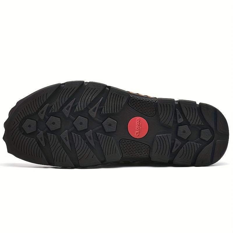 CLOHOO Mens Round Toe Sandals - Durable Handmade Stitching, Non-Slip Rubber Sole, Comfortable PU Insole, Breathable Fabric Lining, Second Layer Cowhide Upper, Slip-On Closure, Perfect for Indoor, Outdoor, Beach, Vacation, Spr