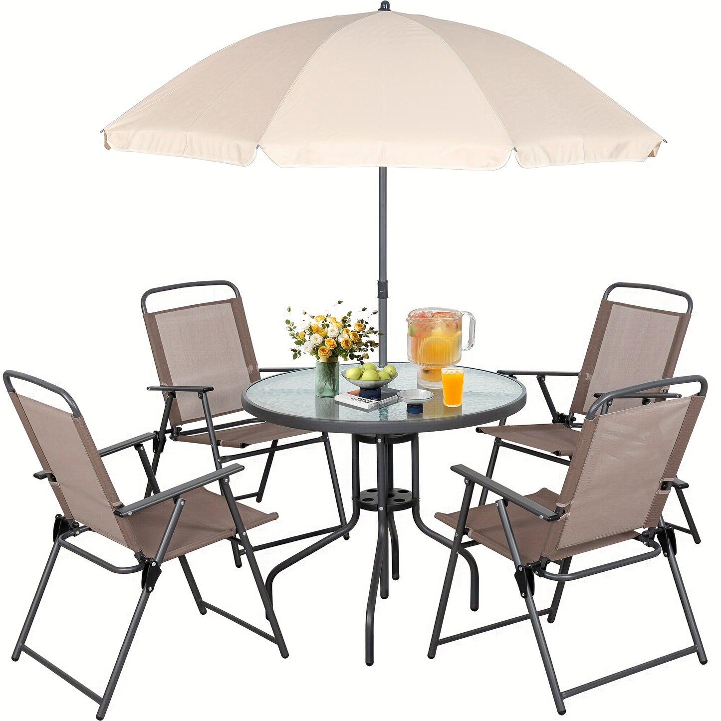 Vongrasig 6 Piece Folding Patio Dining Set, Small Metal Outdoor Garden Patio Table and Chair Set w/Umbrella for Lawn, Deck, Backyard