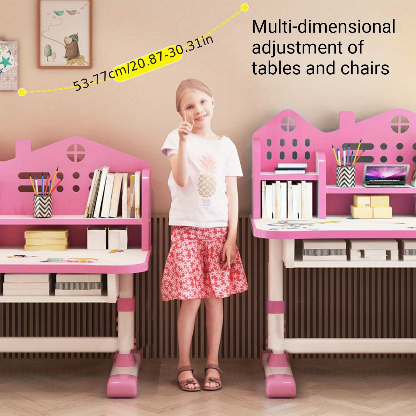 2 Piece Set 41.37*28.57*19.11 inch Multi Bookcase Wider Desktop Table and Chair Set Cartoon Pattern Children Adjustable Height Study Drawer Table with Chair Set