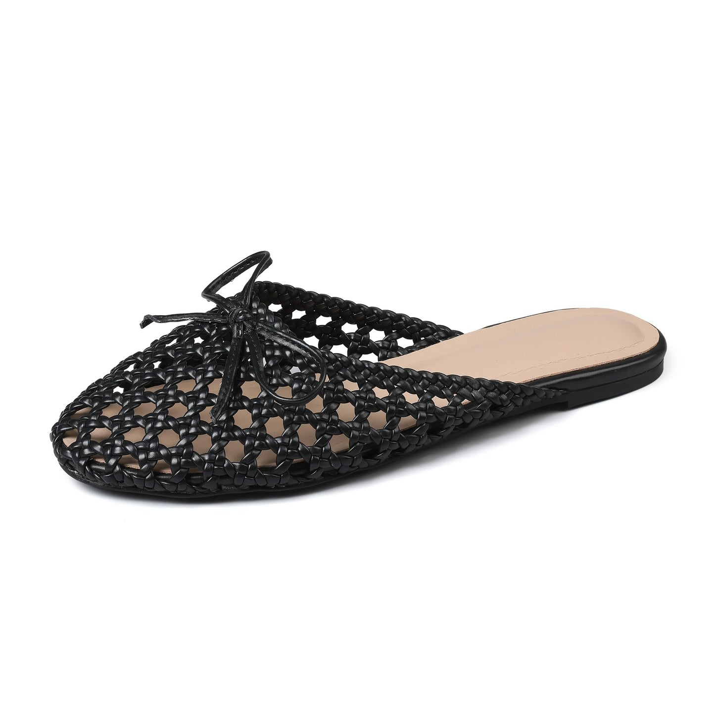 Trendy Womens Flat Sandals Round Toe Woven Design Decorative Bow Knot Slip On Flat Womens Muls for Party Work Office Outing Casual Sandal
