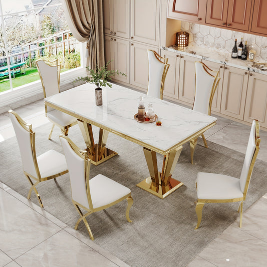 7-piece Table And Chair Set, Mid-century Modern Dining Table Set, Suitable For 6-8 People, Including A 70-inch Faux Marble Dining Table And 6 Leather Dining Chairs. Suitable For Restaurants, Kitchens, Hotel Restaurants.
