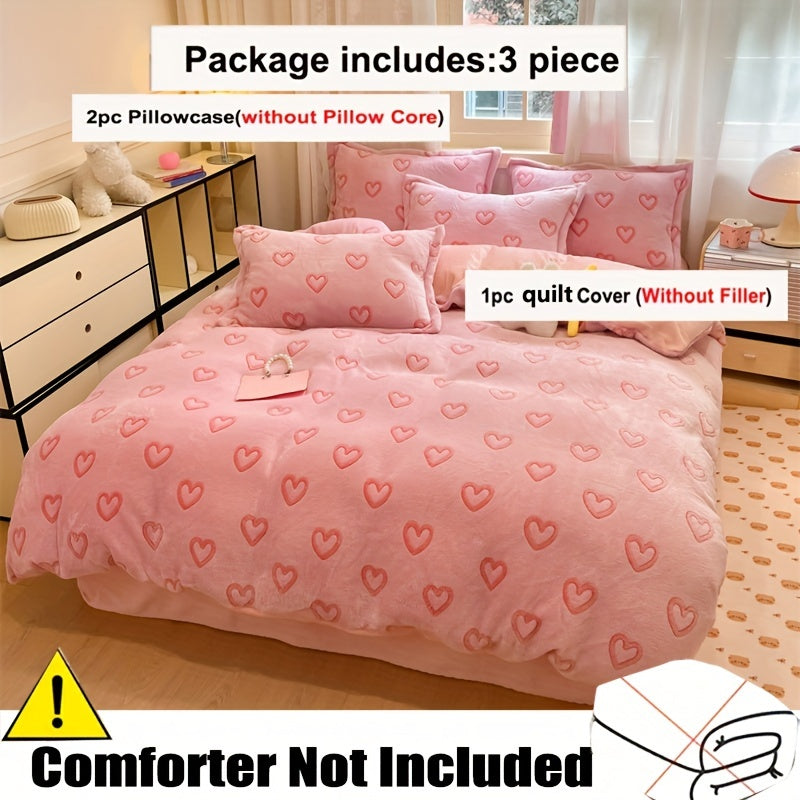 3pcs autumn and winter thickened double-sided warm velvet love, butterfly, bow, gravure pattern snowflake velvet kit, (1 quilt cover, 2 pillowcases, no bed sheet, quilt and pillow), bedding, very suitable for bedroom and dorm