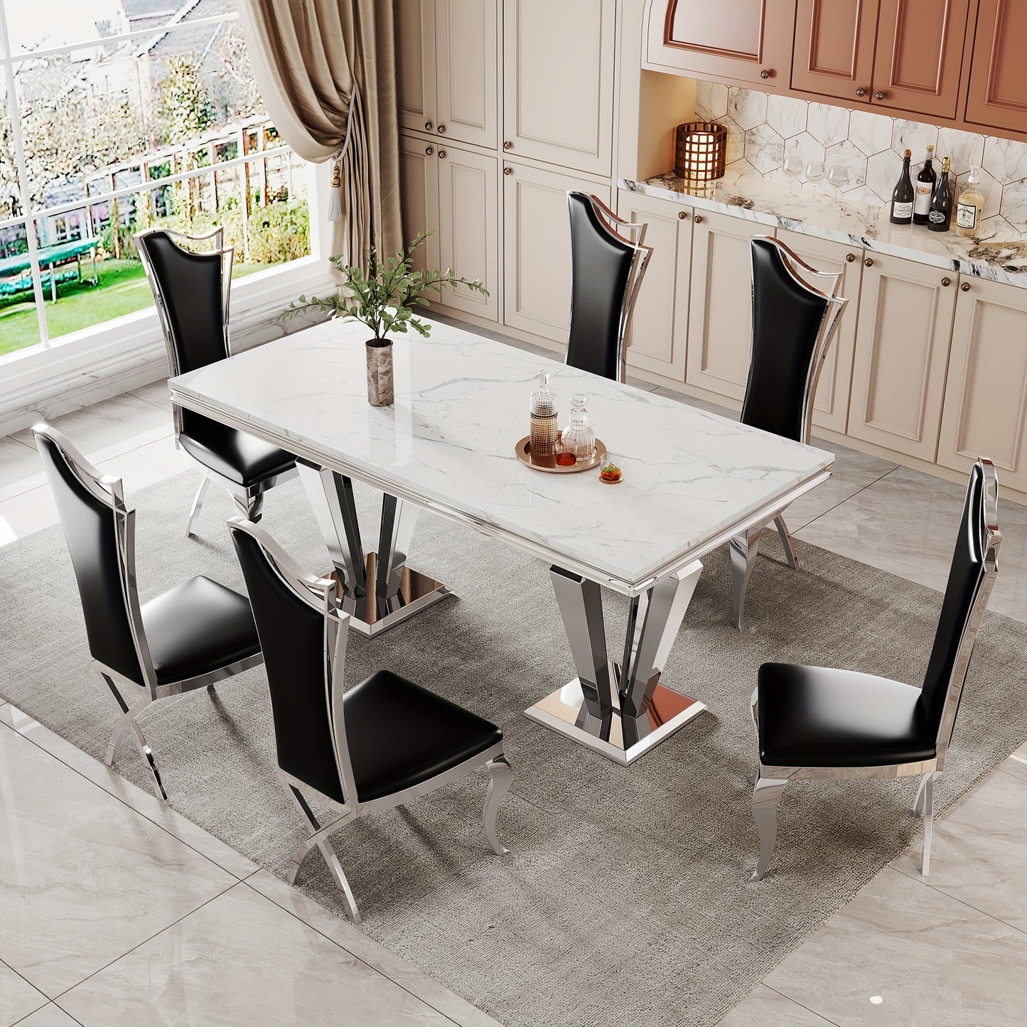 7-piece Table And Chair Set, Mid-century Modern Dining Table Set, Suitable For 6-8 People, Including A 70-inch Faux Marble Dining Table And 6 Leather Dining Chairs. Suitable For Restaurants, Kitchens, Hotel Restaurants.