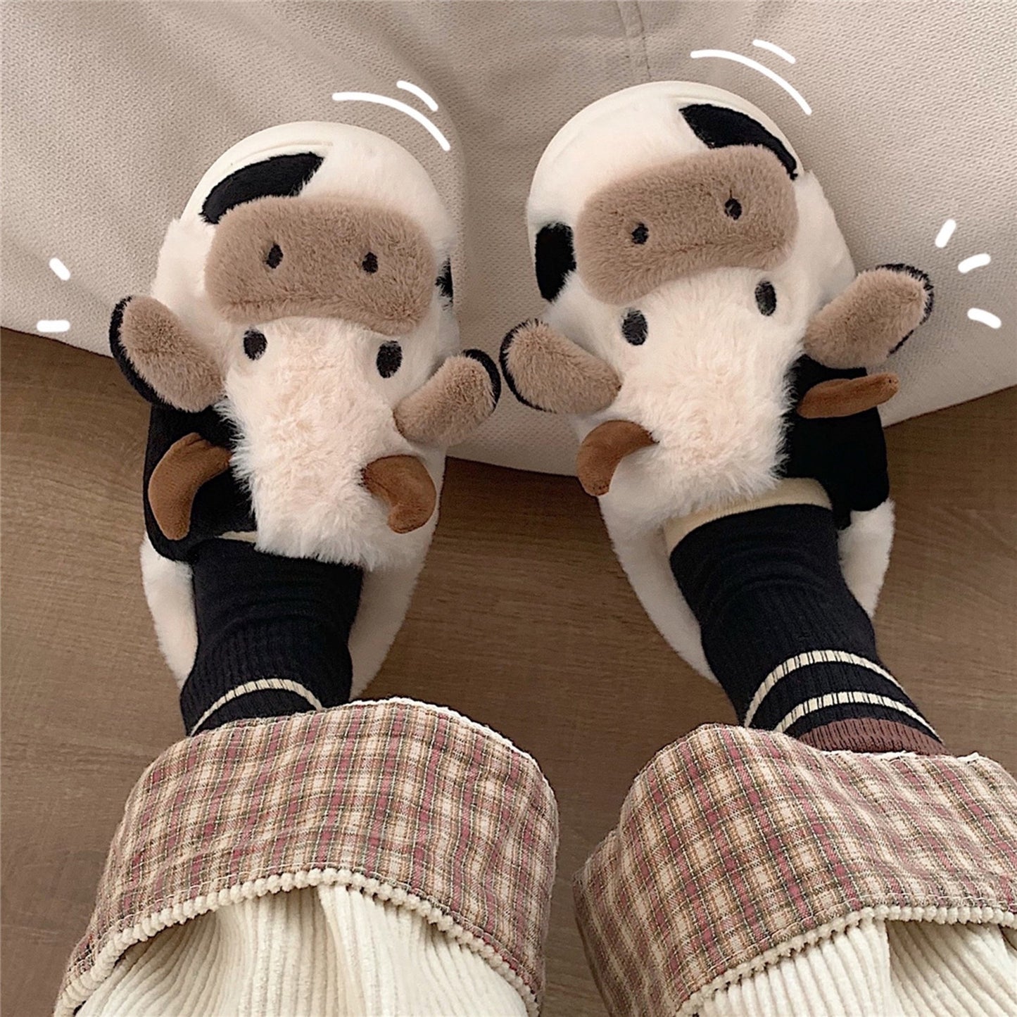 Adorable Cartoon Cow Plush Slippers for Women - Cozy Fabric Upper & PVC Sole, Soft Indoor Footwear with Fluffy White Trim, Cute Slippers