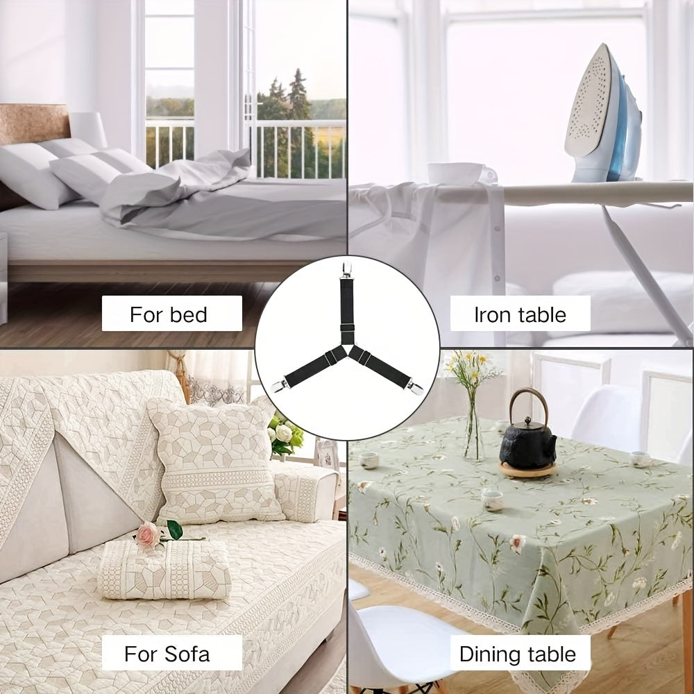 4pcs Adjustable Triangle Bed Sheet Fixers - Prevents Slipping and Running, Elastic Sofa and Tablecloth Clips, Anti-Slip Buckles for Secure Fit - Easy to Use, Durable, and Reusable Household Essentials