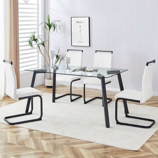 Table And Chair Set, 1 Table And 4 Chairs. Rectangular Glass Dining Table, 0.31 "tempered Glass Tabletop And Black Coated Metal Legs. Paired With White PU Black Leg Chairs. 1123 1162
