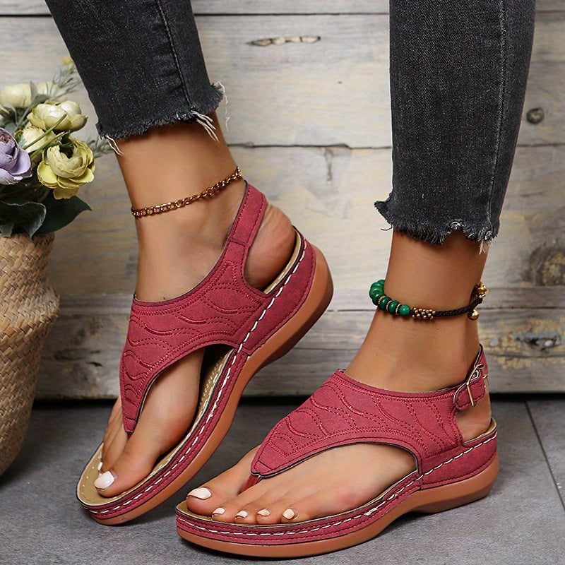 Womens Retro Charm Wedge Sandals - Comfort Thong, Adjustable Buckle, Open Toe Slingback - Casual Solid Color Style