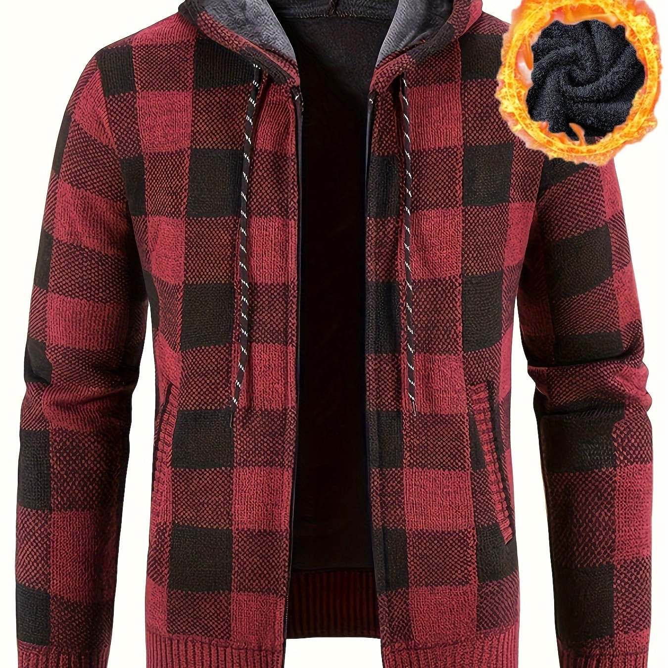 All Match Knitted Plaid Hooded Cardigan Jacket, Men's Casual Warm Slightly Stretch Zip Up Jacket Coat For Fall Winter