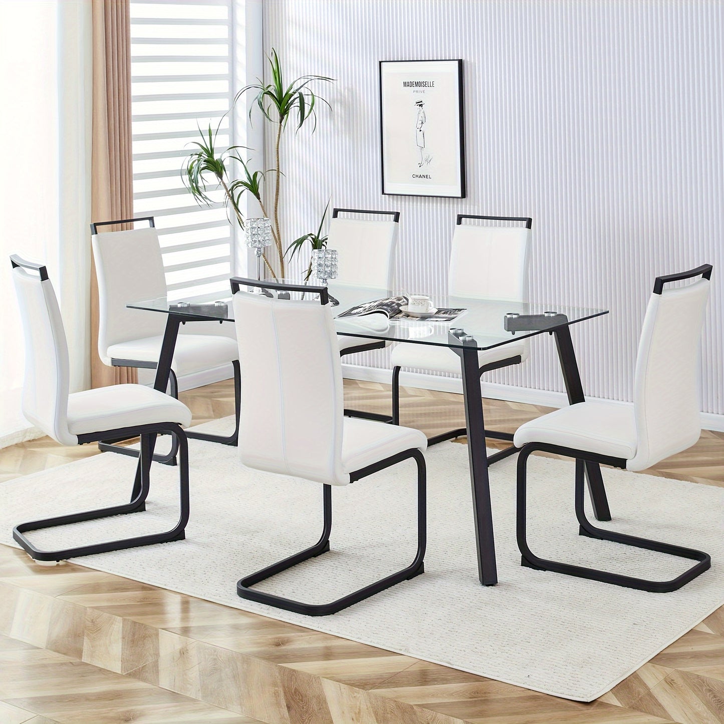 Table And Chair Set, 1 Table And 4 Chairs. Rectangular Glass Dining Table, 0.31 "tempered Glass Tabletop And Black Coated Metal Legs. Paired With White PU Black Leg Chairs. 1123 1162