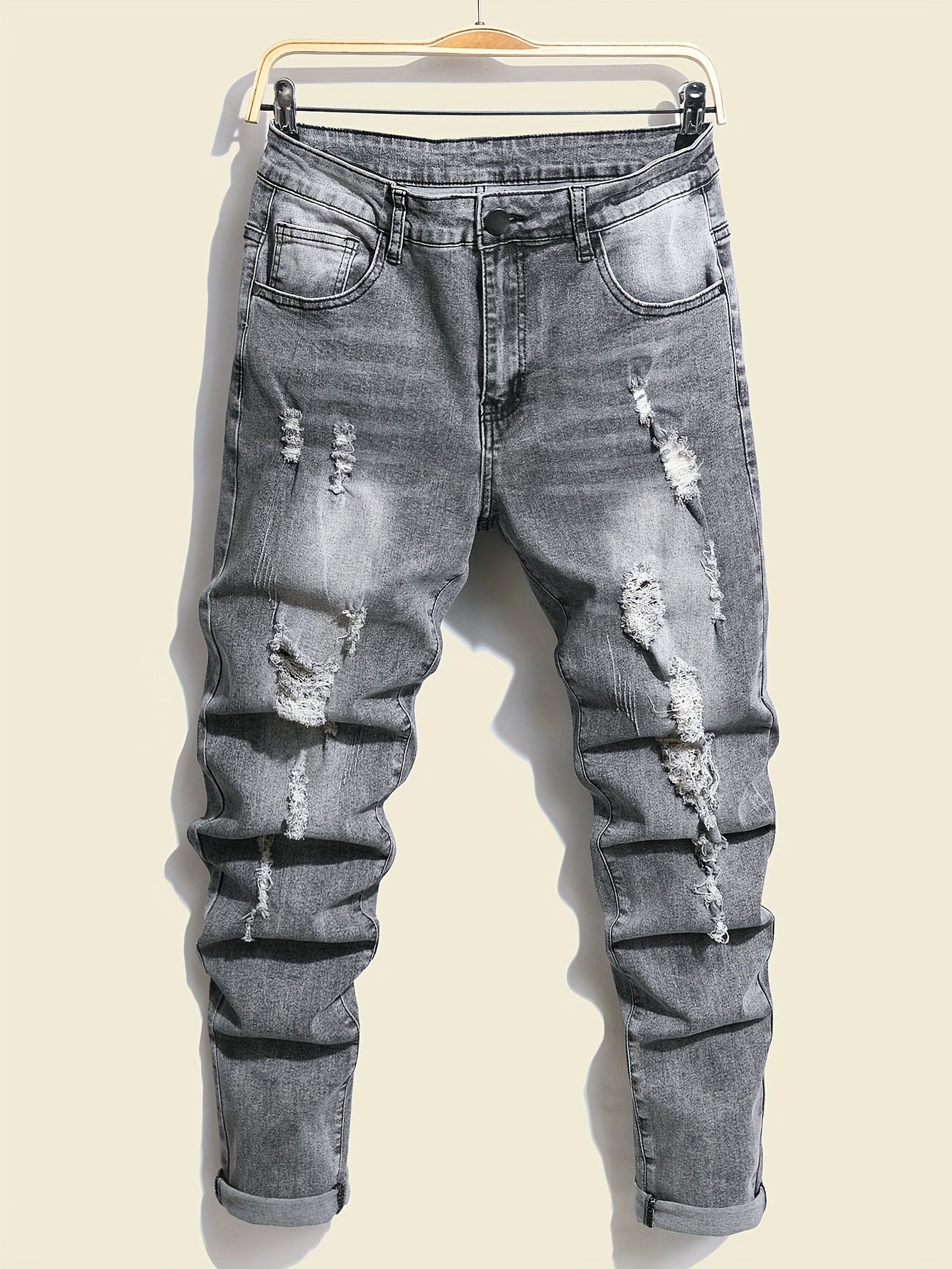 Authentic Straight Leg Distressed Ripped Jeans for Men - Fashion Street Style Denim Pants with Versatile Fit for All Seasons, Comfortable, Durable, and Stylish