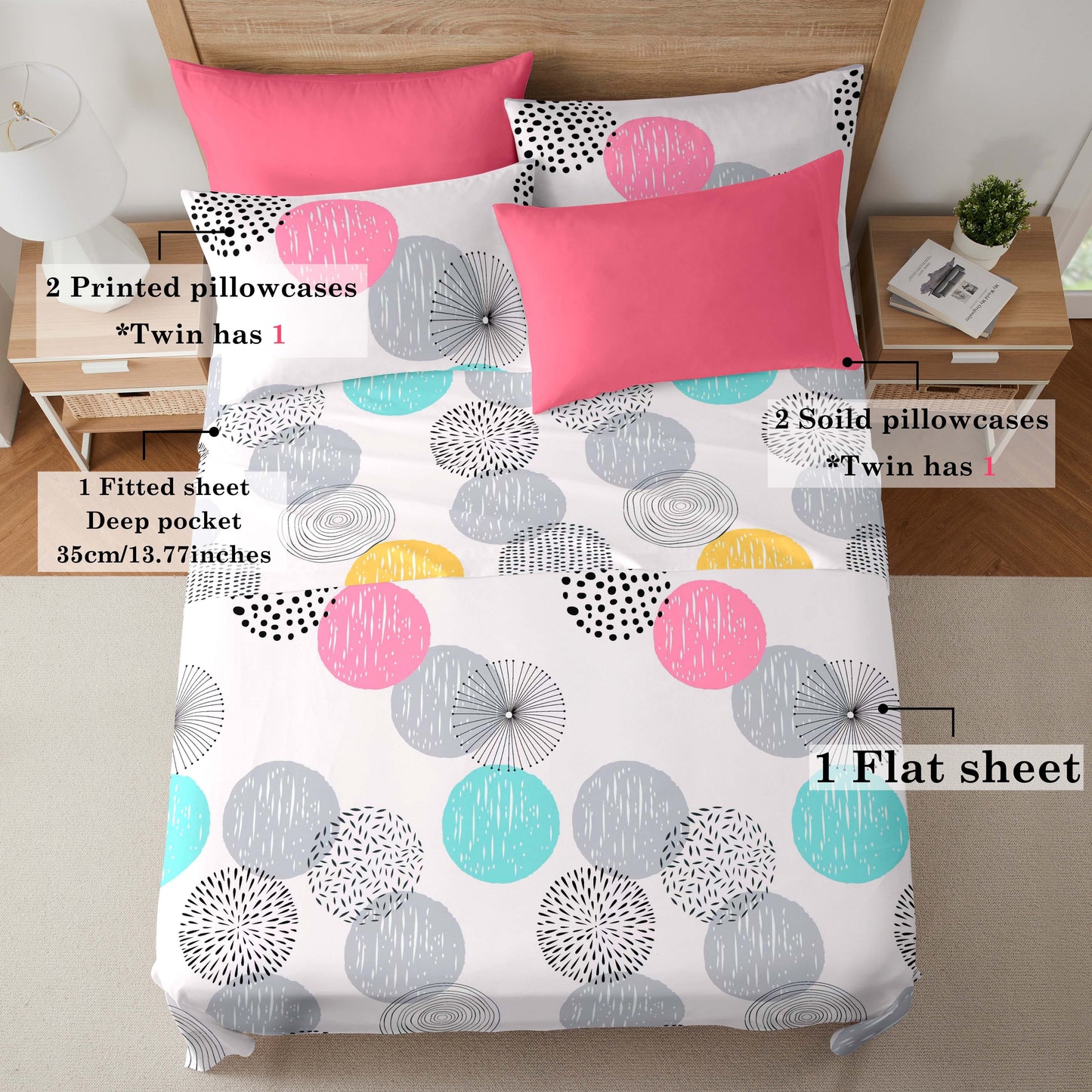 4/6 pcs Circle Printed Microfiber Bed Sheet Set 1/2 Solid Pillowcases + 1/2 Printed Pillowcases + 1 pc Flat Sheet + 1 pc Fitted Sheet (Deep Pocket 35cm/13.77inch) Suit For Bedroom Guest Room Hotel For All Season
