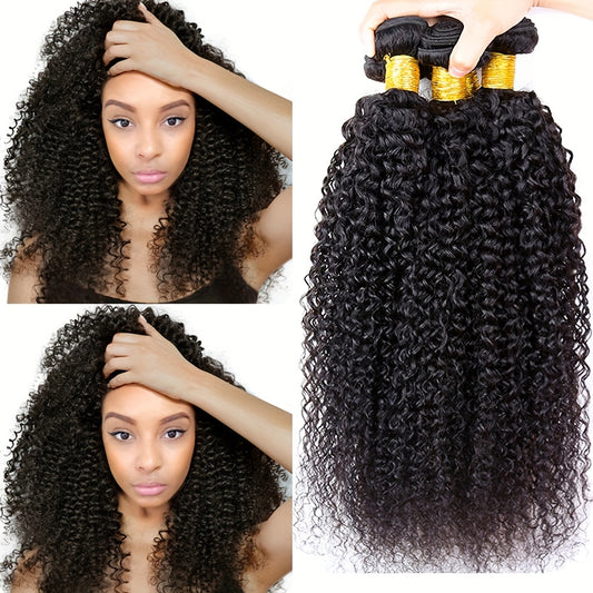 Kinky Curly Human Hair Bundles - Thick Curly Weaves, Virgin Hair Bundles for Full Head Coverage in Natural Black Color (Can be Dyeable), 3 Bundles Totaling 300g±10g