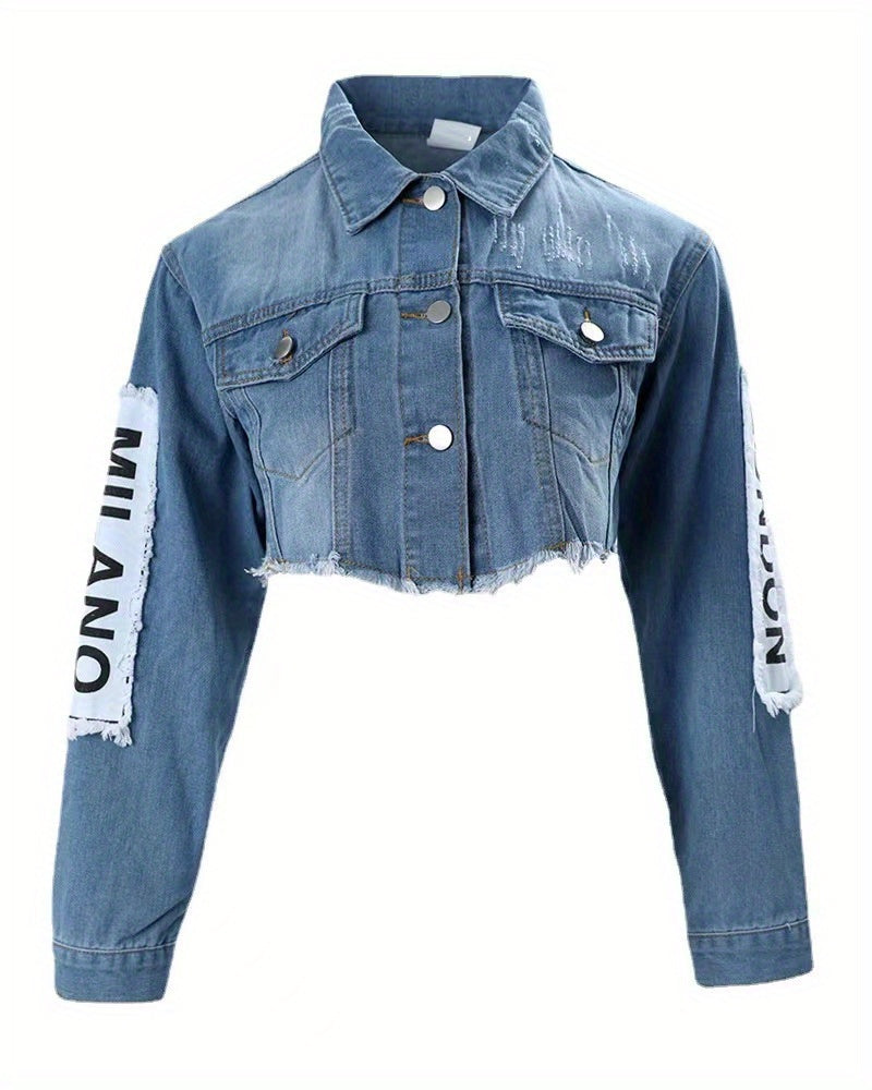 Vibrant Blue Alphabet Print Cropped Denim Jacket - Long Sleeves, Raw Hem, Lapel Collar, Non-Stretch, Woven, Casual Coat for Spring/Summer - Womens Personality Denim Clothing