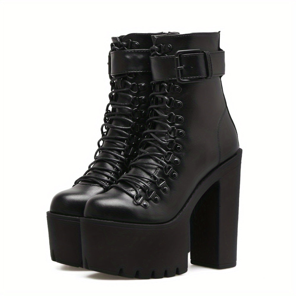 Women's Platform Chunky High Heel Ankle Boots, Black Buckle Strap Lace Up Side Zipper Motorcycle Boots, Punk Style Shoes