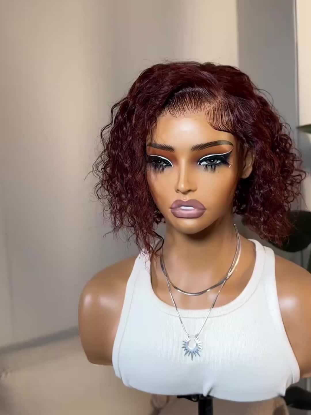 KLAIYI Glueless Reddish Brown Curly Bob Wig - 7x5 Lace Front, Pre-Cut, Pre-Plucked, Pre-Bleached Human Hair Wig for Women - Easy to Wear, Put On and Go, Natural Hairline, No Shedding, No Tangle