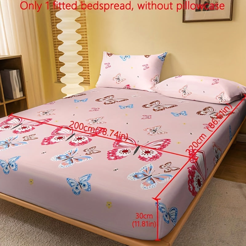 1pc Brushed Fitted Sheet, Soft Comfortable Butterfly Floral Print Bedding Fitted Sheet, For Bedroom, Guest Room, With Deep Pocket, Fitted Bed Sheet Only, Without Pillowcase