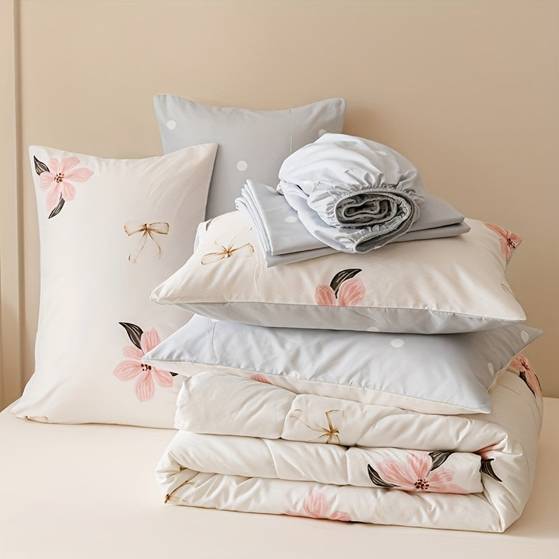 7pcs Fashion Freshness Nature Rural Flowers Quilt Set (1 Quilt +1 Bed Cap +1 Bed Sheet +4 Pillowcase Without Pillow Core), Contains Padding 180gsm Quilting Soft Ventilate Bedroom Dormitory