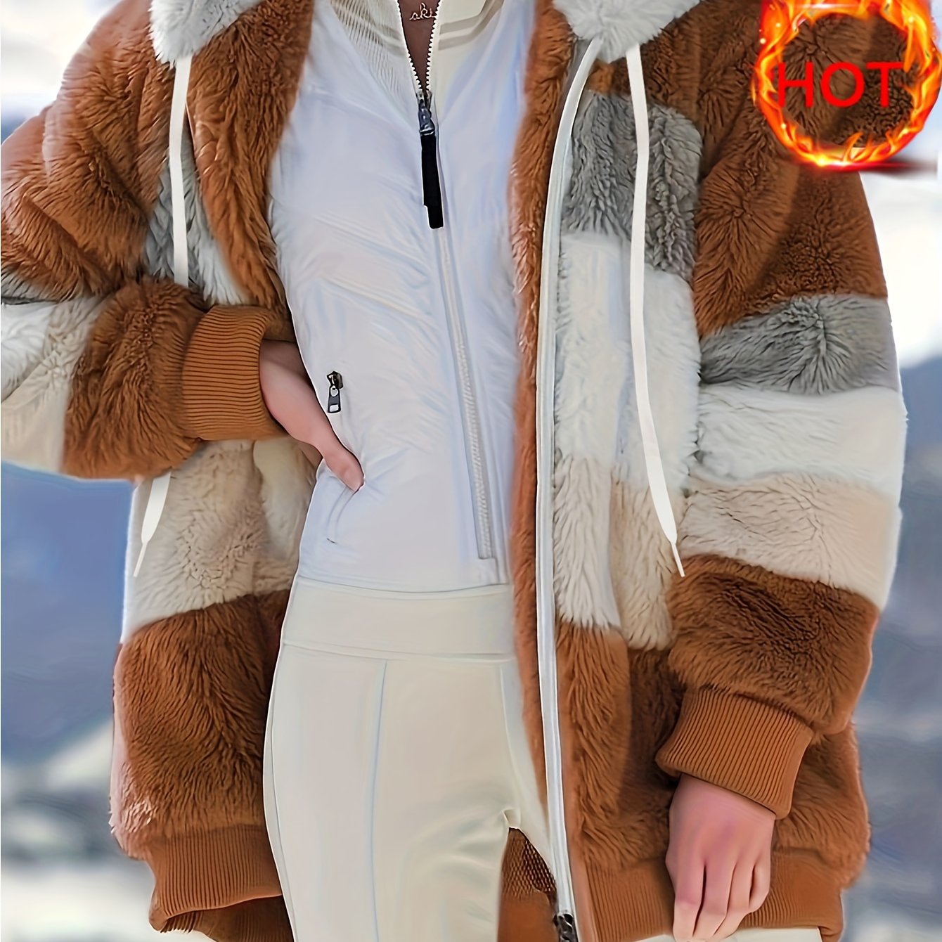 Women's Cozy Fur-Trimmed Hooded Jacket - Multicolor Striped, Loose Fit, Long Sleeve, Fall/Winter Fashion Outerwear with Pockets, Cozy Travel Jacket | Vacation Style Jacket | Plush Polyester