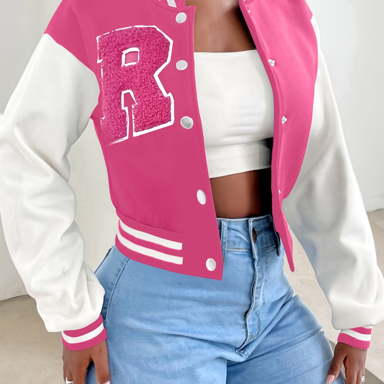 R Pattern Button Up Crop Bomber Jacket, Preppy Long Sleeve Jacket For Fall & Winter, Women's Clothing