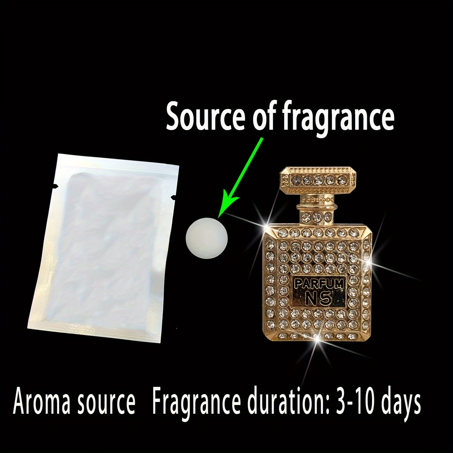 Luxurious Rhinestone Car Perfume Bottle - Women's Car Air Freshener - Parfum N5 - 45mm/1.77in x 29mm/1.14in - Includes Aroma Source: Scented Stick