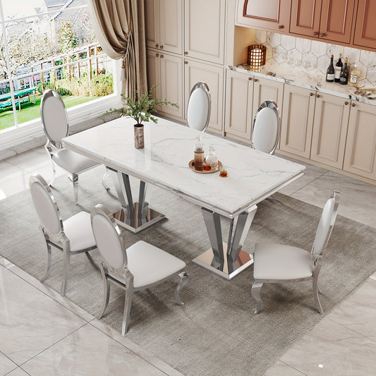 7-piece Luxury Dining Table And Chair Set. One 70-inch Cultured Marble Table With 6 Leather Chairs | Perfect For Kitchens, Home Dining Rooms And Hotel Restaurants