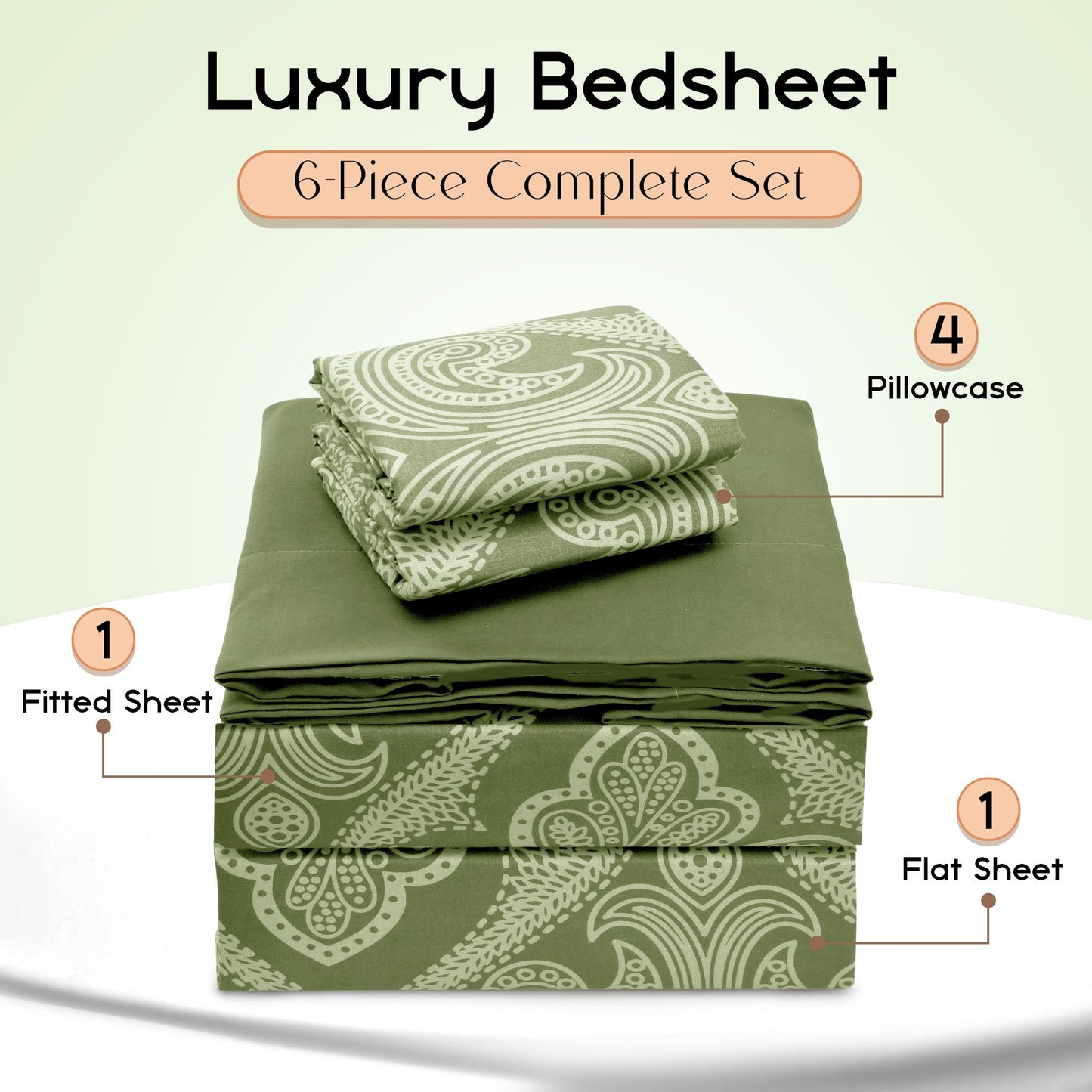 Lux Decor 6 Pieces Paisley Bed Sheet, Breathable Hotel Style Sheets, Microfiber Sheets Deep Pockets, Easy-Fit, Soft & Wrinkle Free Oeko-Tex Cooling Bed Sheets