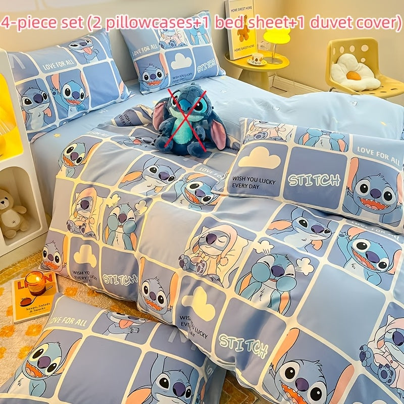 Back to School Stitch-Theme 4pcs Bedding Set (No Pillow Core And Quilt Core)- Available for All Seasons, Kawaii Comfortable Pillowcases, Duvet Cover, Bed Sheet, Dorm & Travel Supplies, Christmas Birthday Halloween New Year Mo