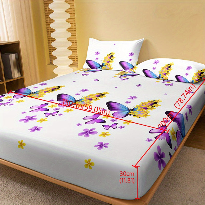 1pc Brushed Fitted Sheet, Soft Comfortable Butterfly Floral Print Bedding Fitted Sheet, For Bedroom, Guest Room, With Deep Pocket, Fitted Bed Sheet Only, Without Pillowcase