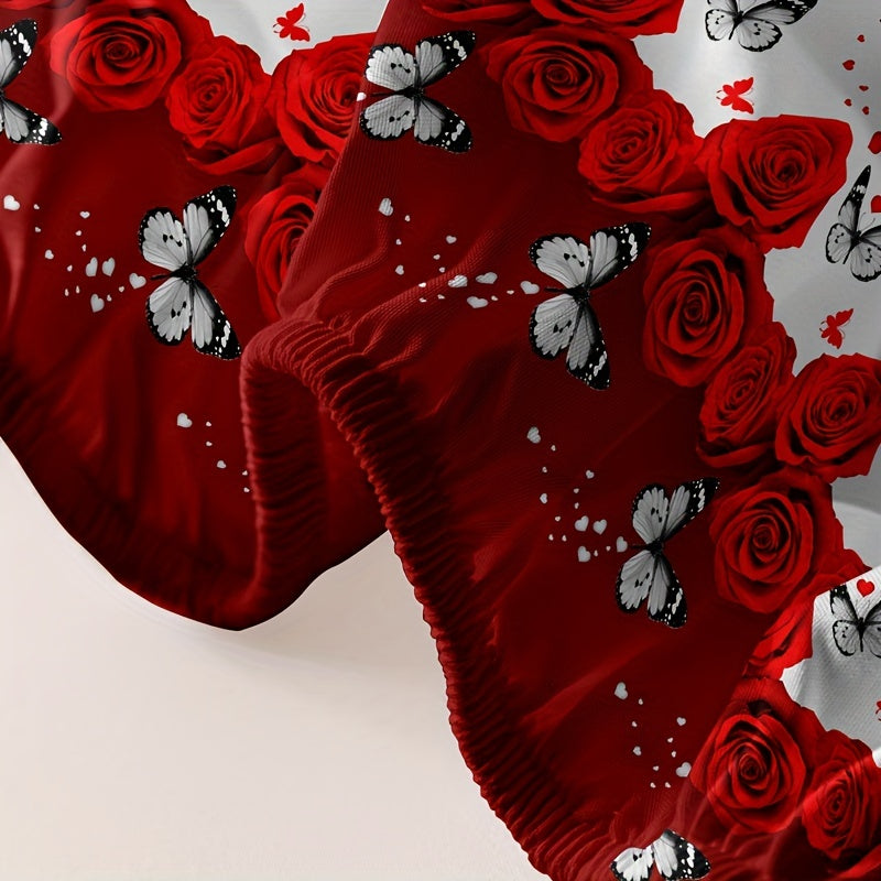 1pc Brushed Fitted Sheet (Without Pillowcase), Soft Comfortable Butterfly Red Rose Print Bedding Mattress Protector, For Bedroom, Guest Room, With Deep Pocket, Fitted Bed Sheet Only