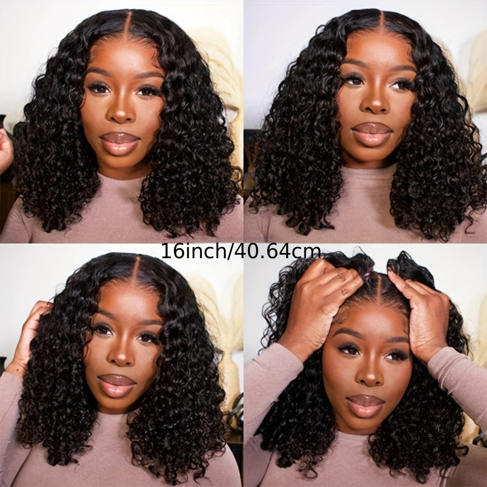 Brazilian Hair Deep Wave Lace Front Wig Transparent Lace Human Hair Wigs for Women Pre Plucked 4x4 Closure Short Bob Wig Natural Color 180% Density