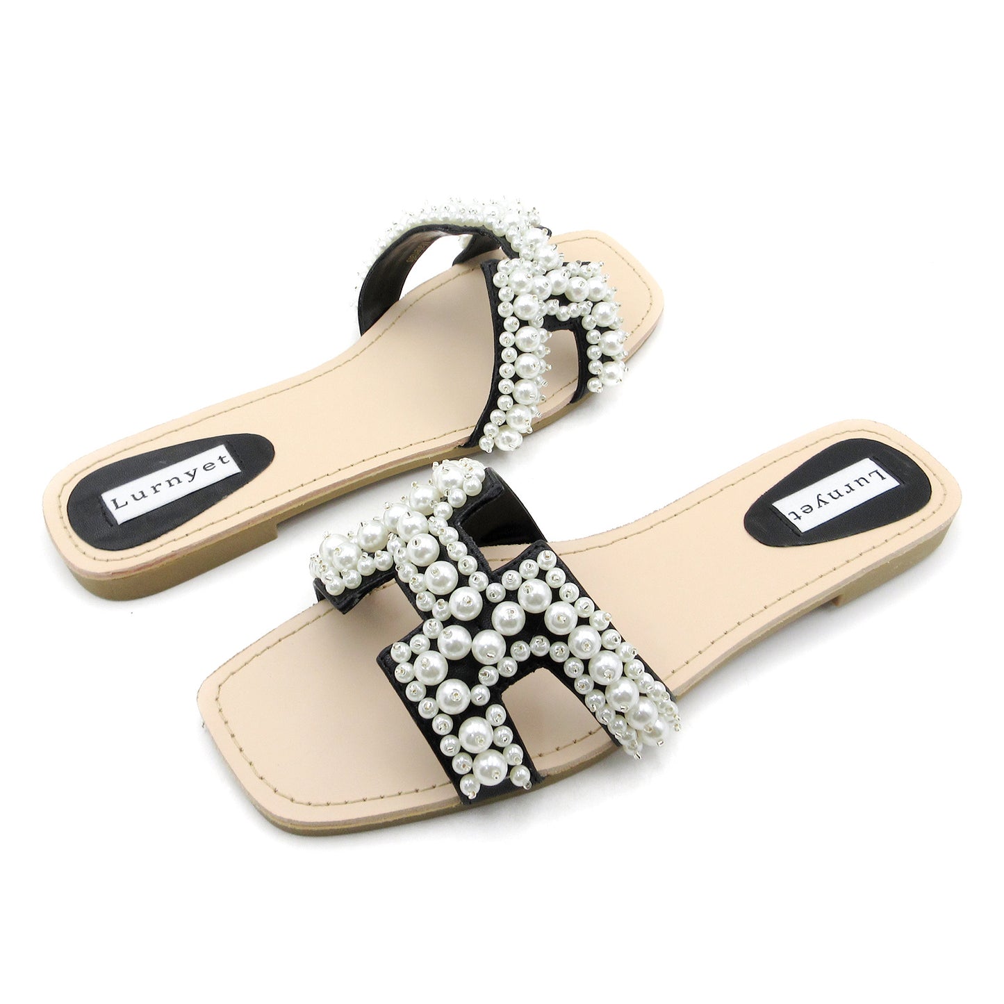 Lurnyet Women's Pearl Embellished Band Flat Sandal for Outdoor Casual
