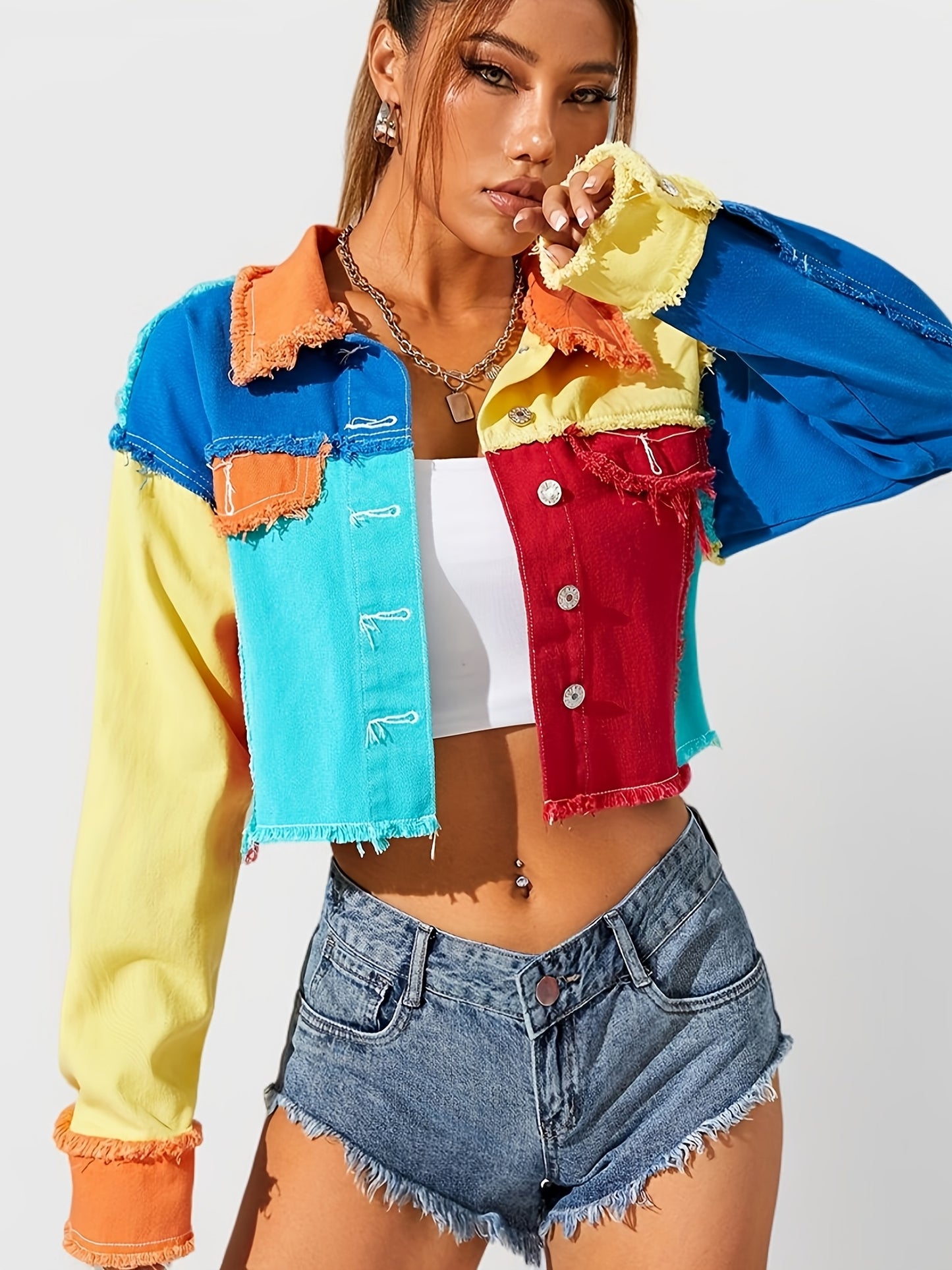 Women's Colorblock Raw Hem Denim Jacket - Street Style Lapel Coat with Long Sleeves and Patchwork Design