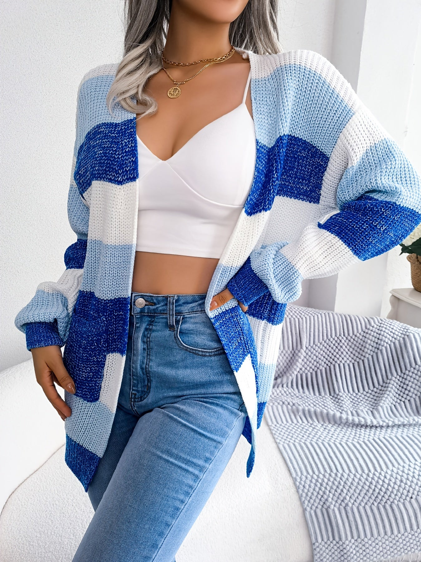Cozy Striped Colorblock V-neck Cardigan - Super-soft Knit, Loose Fit, Dropped Shoulder - Trendy Womens Winter Wear for Casual Chic