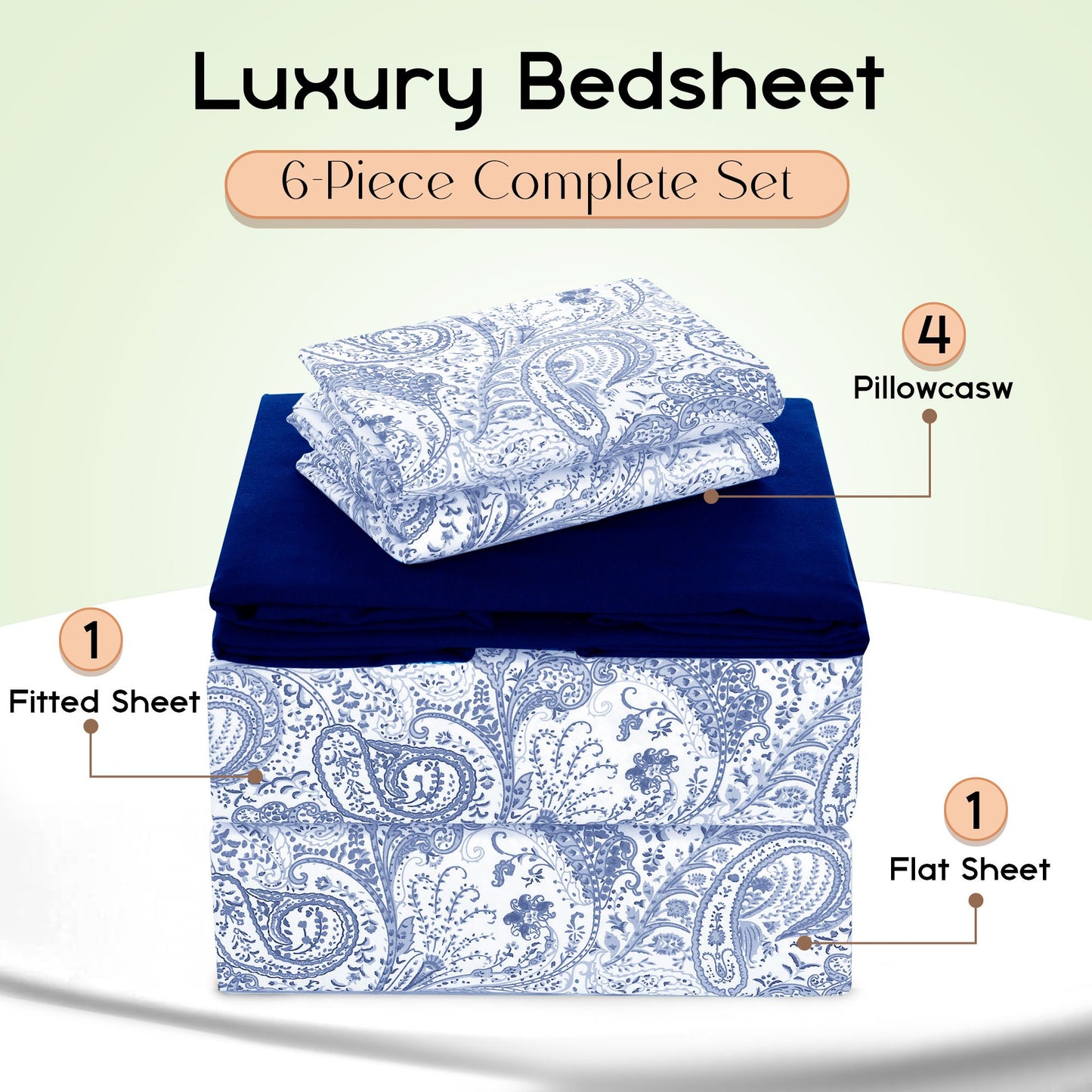 Lux Decor 6 Pieces Paisley Bed Sheet, Breathable Hotel Style Sheets, Microfiber Sheets Deep Pockets, Easy-Fit, Soft & Wrinkle Free Oeko-Tex Cooling Bed Sheets