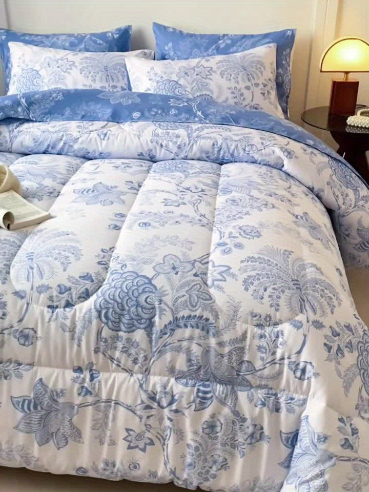 7pcs Blue Flower Plant Design Two-sidedlarge Sizeextra Large Quilt Set (1 Quilt +1 Bed Cap +1 Bed Sheet +4 Pillowcase Without Pillow Core), Contains Padding 180gsm Quilting Soft Ventilate The Four Seasons Apply Bedroom Dormit