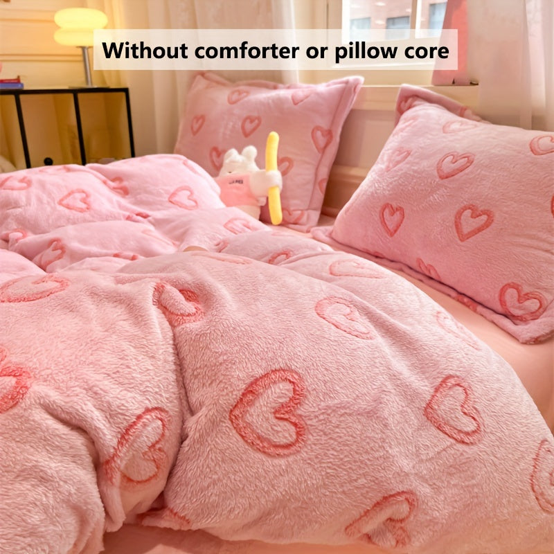 3pcs autumn and winter thickened double-sided warm velvet love, butterfly, bow, gravure pattern snowflake velvet kit, (1 quilt cover, 2 pillowcases, no bed sheet, quilt and pillow), bedding, very suitable for bedroom and dorm