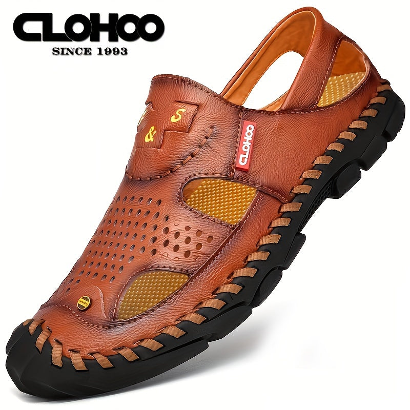 CLOHOO Mens Round Toe Sandals - Durable Handmade Stitching, Non-Slip Rubber Sole, Comfortable PU Insole, Breathable Fabric Lining, Second Layer Cowhide Upper, Slip-On Closure, Perfect for Indoor, Outdoor, Beach, Vacation, Spr