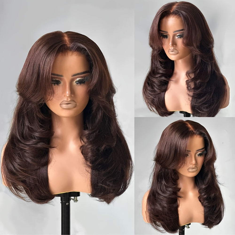 Basics Style Unisex-Adult Body Wave Lace Wig | Pre-Plucked 4x4 Transparent Swiss Lace | 180% Density Brazilian Human Hair | Long Layered Wavy Wig with Curtain Bangs | Suitable for All - 28 Inch