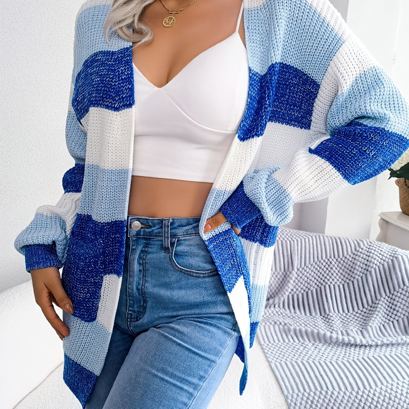 Cozy Striped Colorblock V-neck Cardigan - Super-soft Knit, Loose Fit, Dropped Shoulder - Trendy Womens Winter Wear for Casual Chic