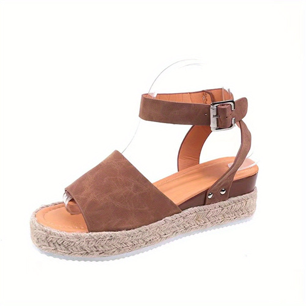 Mid Heel Platform Espadrille Sandals - Buckle Ankle Strap, Open Toe, Lightweight, Non Slip, Faux Leather Upper, PU Sole, Comfortable, Casual, Solid Color, Summer Shoes for Women